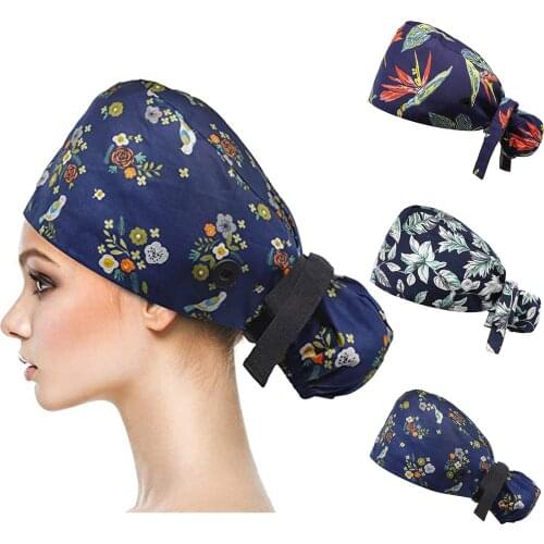 Women Flower Printing Dust-proof Adjustable Hat Beautician Gourd Cap Buttons Bouffant Sweatband Ladies Hat