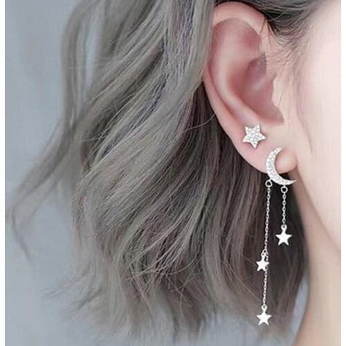 2021 Korean Crystal Trendy Star Moon Long Tassel Dangle Earrings Charm Women Asymmetry Temperament Crystal Pendant Jewelry
