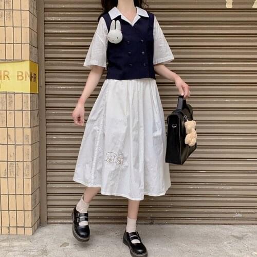 Suit, Female 2020 Summer New Korean Style Pocket Lace-up Bow Shirt Solid Color Embroidered Skirt Two-Piece Set lolita skirt