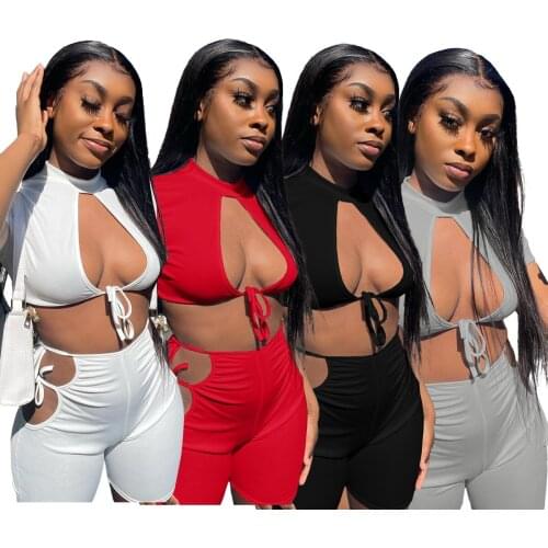 Women Sexy Bare Chest Hollow Out Strap O Neck Leisure Nightclub Two-piece Suit Bandage Skinny Club Party Outfits Wholesale