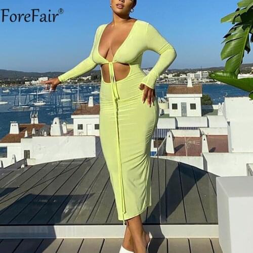 Forefair V Neck Bandage Bodycon Dresses Women Black Hollow Out Long Sleeve Y2k Fashion 2021 Autumn Sexy Club Party Midi Dress