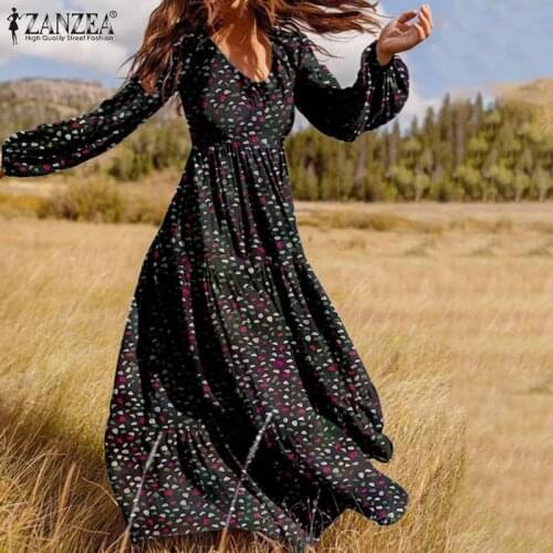 Women Floral Print Dress Female Bohemian V Neck Vestido 2021 Spring Elegant Zipper Dresses ZANZEA Vintage Chic Floor Length Robe
