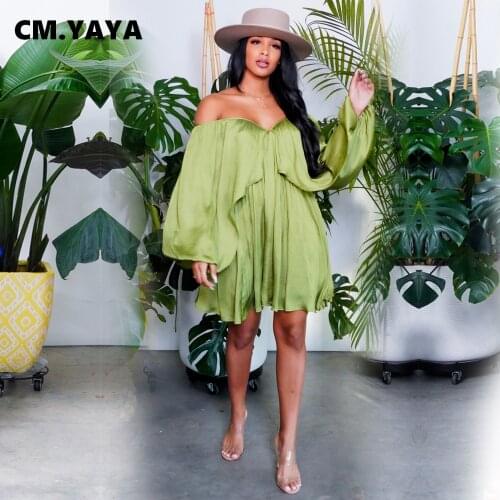 CM.YAYA 2021 Women Dress Solid Full Sleeve Slash Neck Loose Elastic Above Knee Dresses Casual High Street Fashion Outfits