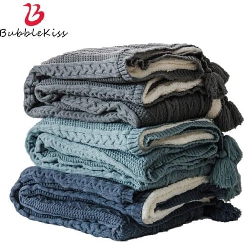 Bubble Kiss Winter Plus Velvet Throw Blanket Soft Warm Knitted Tassel Nap Blanket Pure Color 2020 New Home Bedspread Blankets
