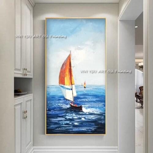 100% Handmade Colorful Sailboat Seascape Oil Painting On Canvas Home Hand Painted Abstract Wall Living Room Decoration