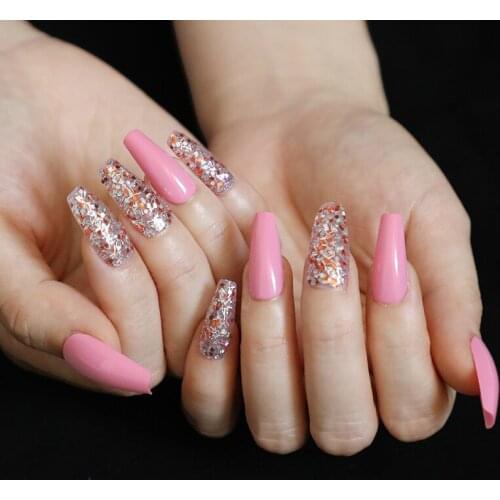 24pcs/Set Long Glitter Fake Nails European Long Coffin Shaped False Nails Pink Girls Nail Accessory Ballerina Nail Art Tips