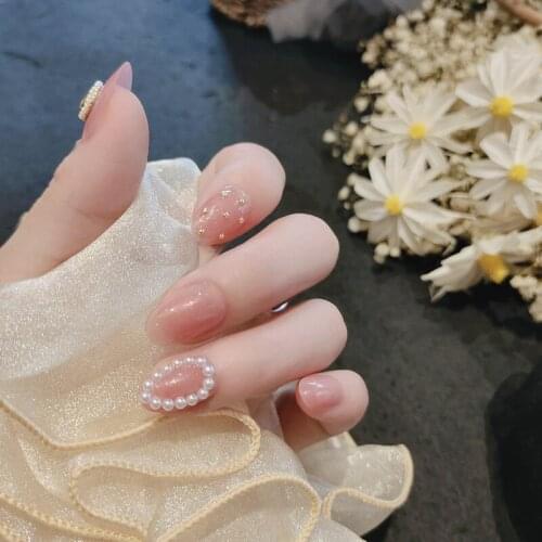 24Pcs Fake Nails With Glue Pearls Inlaid Long Detachable French Nail Stickers Coffin Glossy Press on Nails Art DIY Manicure Tool