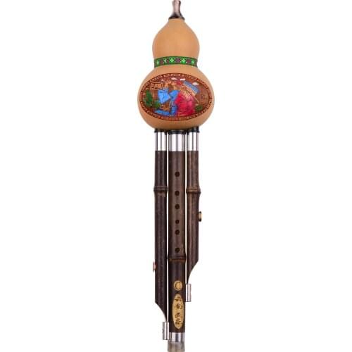 3 Tone C-Key Hulusi Gourd Cucurbit Flute Black Bamboo Pipes Chinese Traditional Instrument with Chinese Knot Case for Beginners