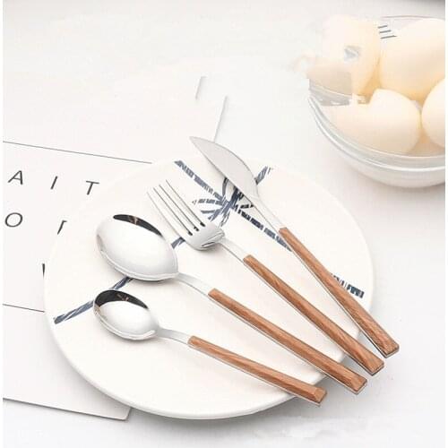 4PCS/SET Silver Dinnerware Set Stainless Steel Tableware Set Knife Fork Spoon Luxury Cutlery Set Wood Grain Handle XB 058