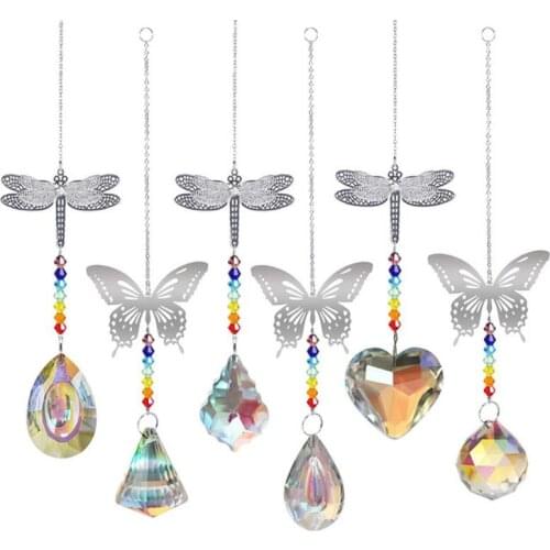 AB Color Crystal Sun Catcher Garden Decor Window Butterfly Dragonfly Hanging Prism Rainbow Maker Beaded Chandelier Pendants 6pcs