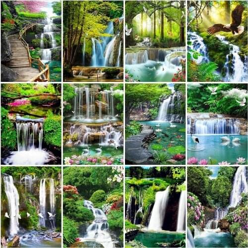 5D DIY Diamond Embroidery Waterfall Cross Stitch Kit Diamond Painting Landscape Crystal Mosaic Tree Picture Rhinestone Wall Art