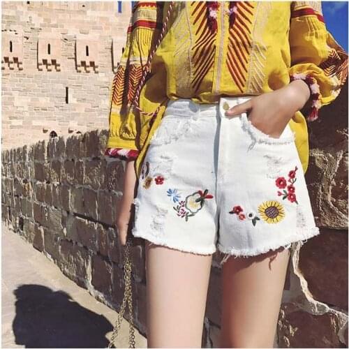 Summer casual denim short shorts high waist embroidery floral jean woman women plus size 5xxxxl Bottom overalls loose jeans 2018