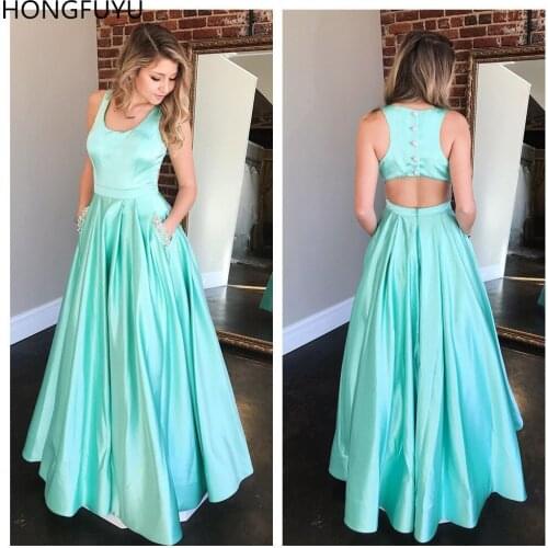 HONGFUYU Spring 2021 Prom Dresses Satin A Line vestidos de gala Sleeveless Evening Formal Wear With Pearls Pockets Floor Length