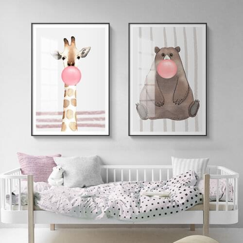 Cute Animal Paintings Wall Pictures for Living Room Children Room Bear Elephant and Giraffe with Pink Balloon Canvas Painting