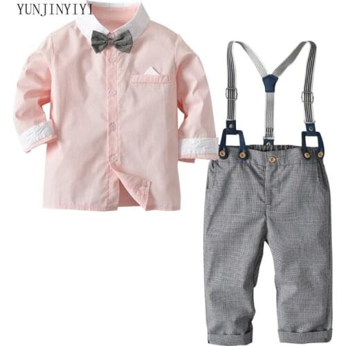 Boys Long Sleeve Contrast Shirt Bib Pants Gentleman Set Baby Gentlemen Outing Service Holiday Dress kids clothes
