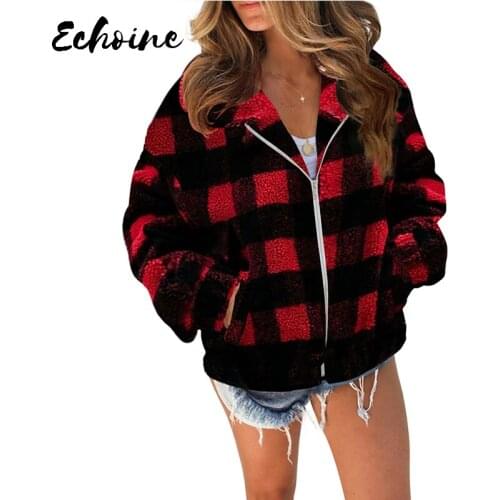Red Plaid/Leopard Print Sherpa Jacket Coat 2020 Winter Fashion Casual Turn Down Collar Zipper Up Plus Size 2XL Coat with Pockets