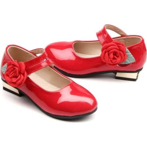 Children Fashion Flower Girls Pink Leather Shoes With Heels Princess Dance Party Wedding Kids Shoes 3 4 5 6 7 8 9 10 11 12 Years