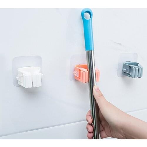 Mop Broom Holder Wall Mounted Mop Holder Household Adhesive Storage Broom Hanger Mop Hook Racks Kitchen Bathroom Organizer