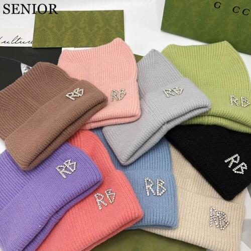 2021 New Wool Women Winter Hat with Rhinestone Letters Soft and Comfortable Knitted Hat Fashion Casual Women Beanie Hat Gift Hat