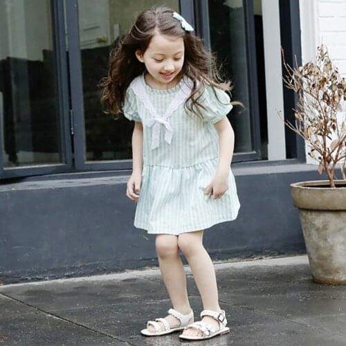 2020 Summer New Korean Girls Princess Dress Light Green Striped Lace Short-sleeved Childrens Clothing