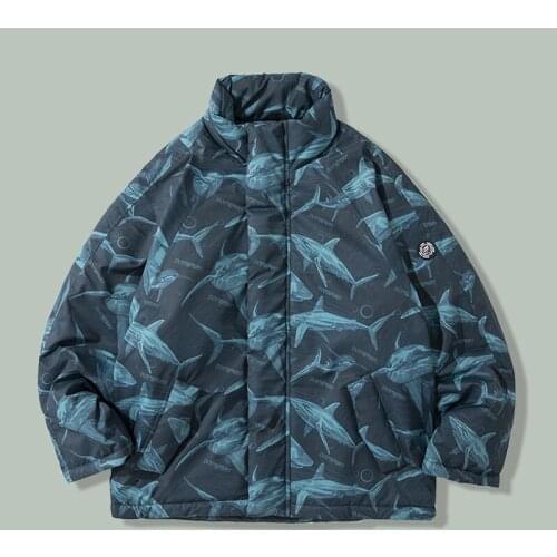 Harajuku Retro Shark Print Parka Mens Hip Hop Stand-up Collar Loose Keep Warm Coat 2021 Winter Fashion Thicken Oversized Parkas