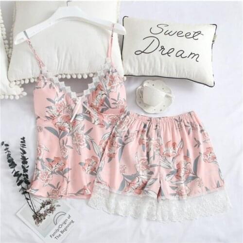 Women Summer Sexy Silk Pijamas Spaghetti Strap Printed Sleepwear Lady Short Pants Night Clothes Vintage Lace Pajamas With Pad