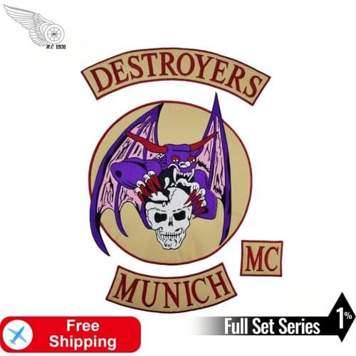 Destroyer MC Skull with Wings Full Set Large Embroidery Club Iron on Patch for Clothing Jacket Garment Accessories Back Applique