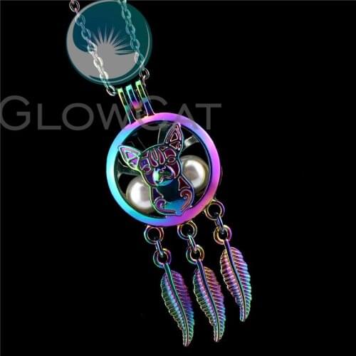 R-C792 Rainbow Color Cute Puppy Dog Dream Catcher Beads Cage Pendant Perfume Diffuser Aromatherapy Pearl Cage Locket Necklace