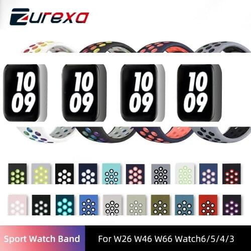 Zurexa Sport Silione WatchBand for Watch 6 5 4 SE 38mm 40mm 42mm 44mm Waterproof Bracelet W26 W46 W66 HW12 T500 Watch Strap