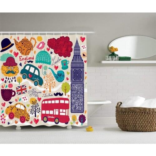 Retro Shower Curtain London Decor by Ambesonne Colorful Symbols Painting Style Red Bus Big Ben Tea Pot Cup Umbrella Hat Retro