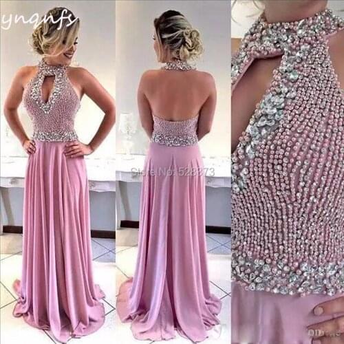YNQNFS ED249 Sexy Light pu Dress Pearls Crystal Abendkleider Robe de Soiree Open Bust Halter Bridesmaid Dresses Party Gown 2019