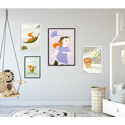 Cute Cartoon Animal Scene Decorative Painting Childrens Room Living Room Bedroom Mural Lion Fox Nursery Baby Room Decor
