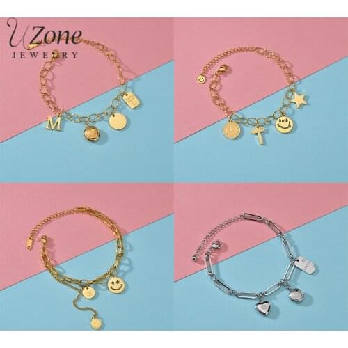 UZone Romantic Love Heart Star Smiley Face Pendant Bracelet Stainless Steel Adjustable Chain Bracelets For Women Girlfriend Gift