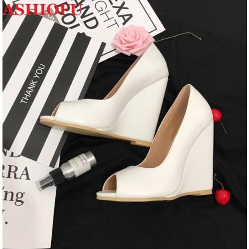 ASHIOFU Handmade Ladies Wadge Heel Pumps Real-photos Party Prom Slip-on Dress Shoes Peep-toe Evening Fashion Court Pumps Shoes