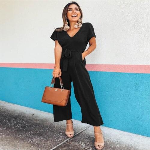 New Simple Womens 2022 Summer Comfortable Short-sleeved V-neck Jumpsuit Temperament Casual Wear Black Plus Size