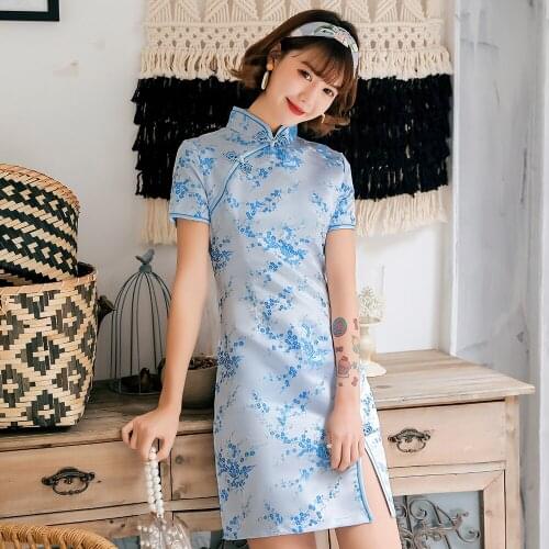 Mini High Split Qipao Light Blue Female Cheongsam Satin Chinese Stage Performance Dress Sexy Tight Formal Party Gown Vestiods