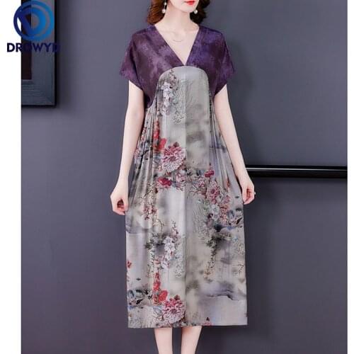 Fashion Stitching Boho Dress Female 2021 Summer V-neck Ladies Temperament Retro Print Long Dress Loose Covering Belly Vestidos