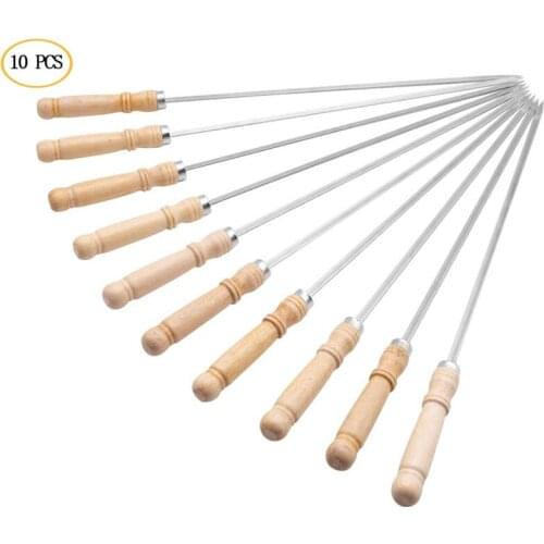 10PCS Skewers Stainless Steel Barbecue Fork With Wooden Handle Widened And Thickened Barbecue Sign Outdoor Camping BBQ Accessori