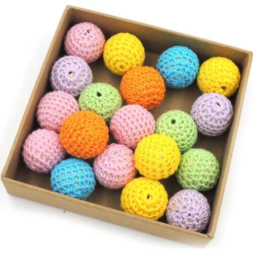 100pcs WOODEN crochet bead, textile woven bead pastel color 20mm DIY hand knitted beads, party decoration jewelry fitting EA47