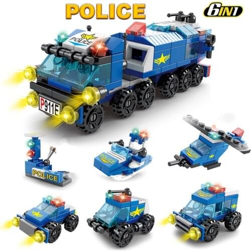 147Pcs 6 IN 1 City Police Truck Car Building Blocks Sets Kids DIY Figures Bricks Educational Toys for Children