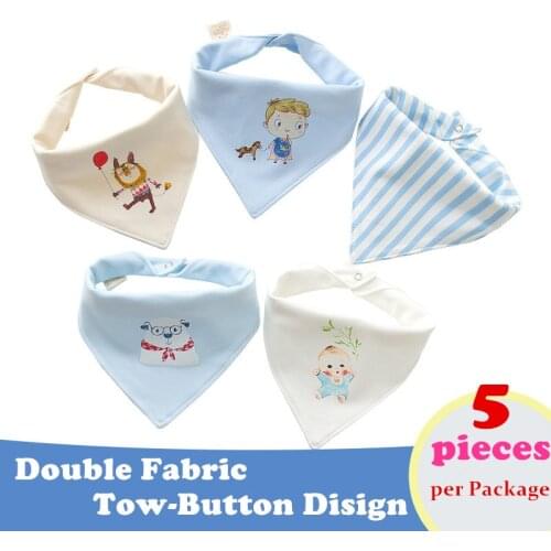 5pcs/lot Double Fabric Baby Bibs Cartoon Printing Cotton Newborn Infant Girls And Boys Toddler Triangle Scarf Burp Cloth Bandana