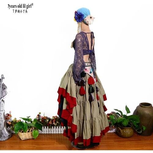 7years Old Lil Girl 2021 Cotton 4tiered 18Yards Ats Gypsy Tribal Belly Dance Skirt With Border CWW10