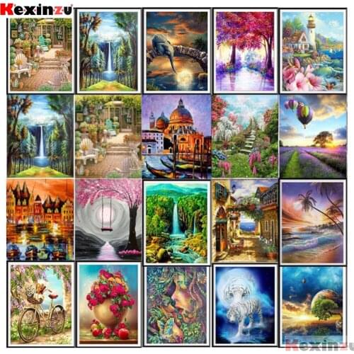 KEXINZU 5D diamond painting full diamond rural woods beach flowers round diamond mosaic pattern home decoration DIY handmade
