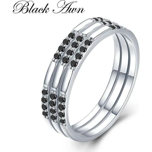Black Awn 2021 New Trendy 2.7g 925 Sterling Silver Fine Jewelry Round Bague Black Spinel Engagement Rings for Women Bijoux C474
