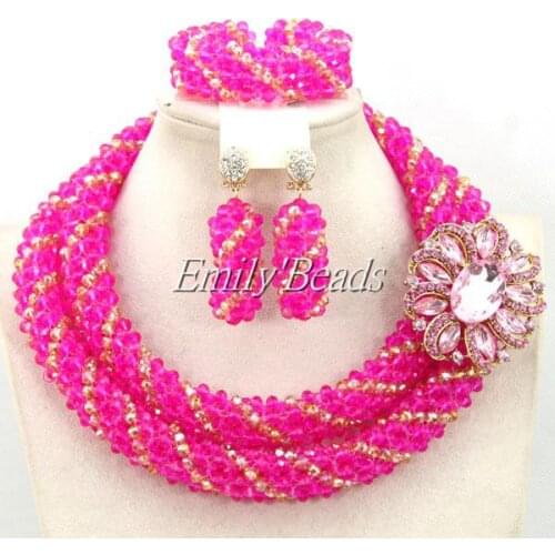 2015 Charms African Beads Jewelry Set Fuchsia Crystal Beads Jewelry Set Gold Nigerian Wedding Jewelry Set Free Shipping AMJ523
