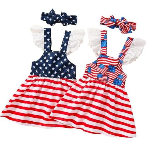 Summer Stripe Star Printing Fly Sleeve Lace Edge Suspender Princess Skirt + Bow Headwear Independence Day Little Girls Dress