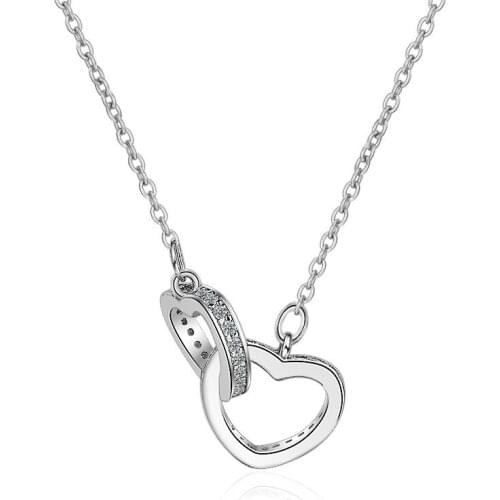 ModaOne 925 Sterling Silver Double Heart Circle CZ Zirconia Pendants Necklaces For Women Gift kolye choker Chain collares