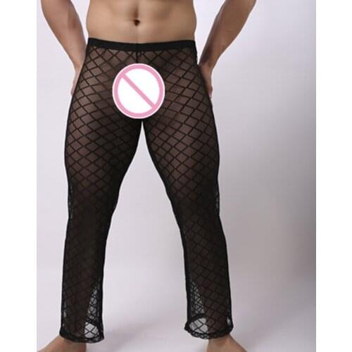 Fashion Grid Fishnet Men Sexy See Through Lounge Pants Gay Male Funny Sheer Long Pajama Bottoms Comfortable Sleep Bottoms