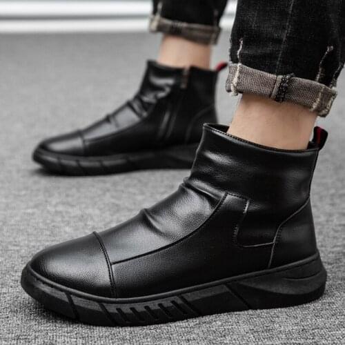 ZEEKSON Martin boots mens high-top mens casual shoes winter leather boots Korean black zipper short boots mens shoes