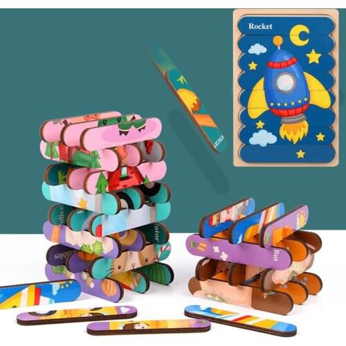 News Children Cartoon Flat Bar Jigsaw Puzzle Toy Boys And Girls Memory Training Puzzle Wooden Two-sided Jigsaw Puzzle Toy Gift